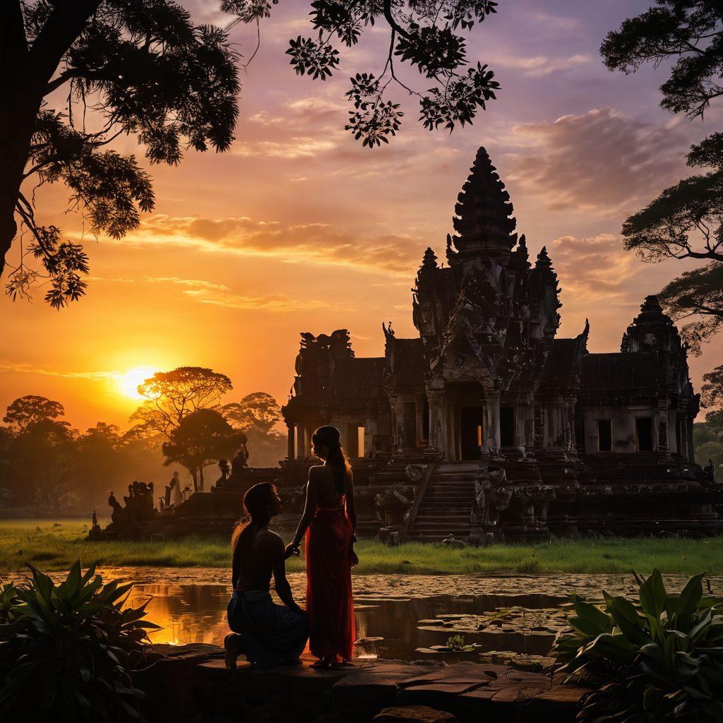 A romantic sunset view over the ancient temples of Cambodia, with a silhouette of a couple playfully interacting, embodying the essence of flirtation and desire. Surround them with lush tropical foliage and delicate lotus flowers, symbolizing love. Incorporate subtle hints of cultural elements such as traditional Cambodian attire. The colors should be warm and inviting, enhancing the mood of seduction. super-realistic. vibrant colors. romantic atmosphere.