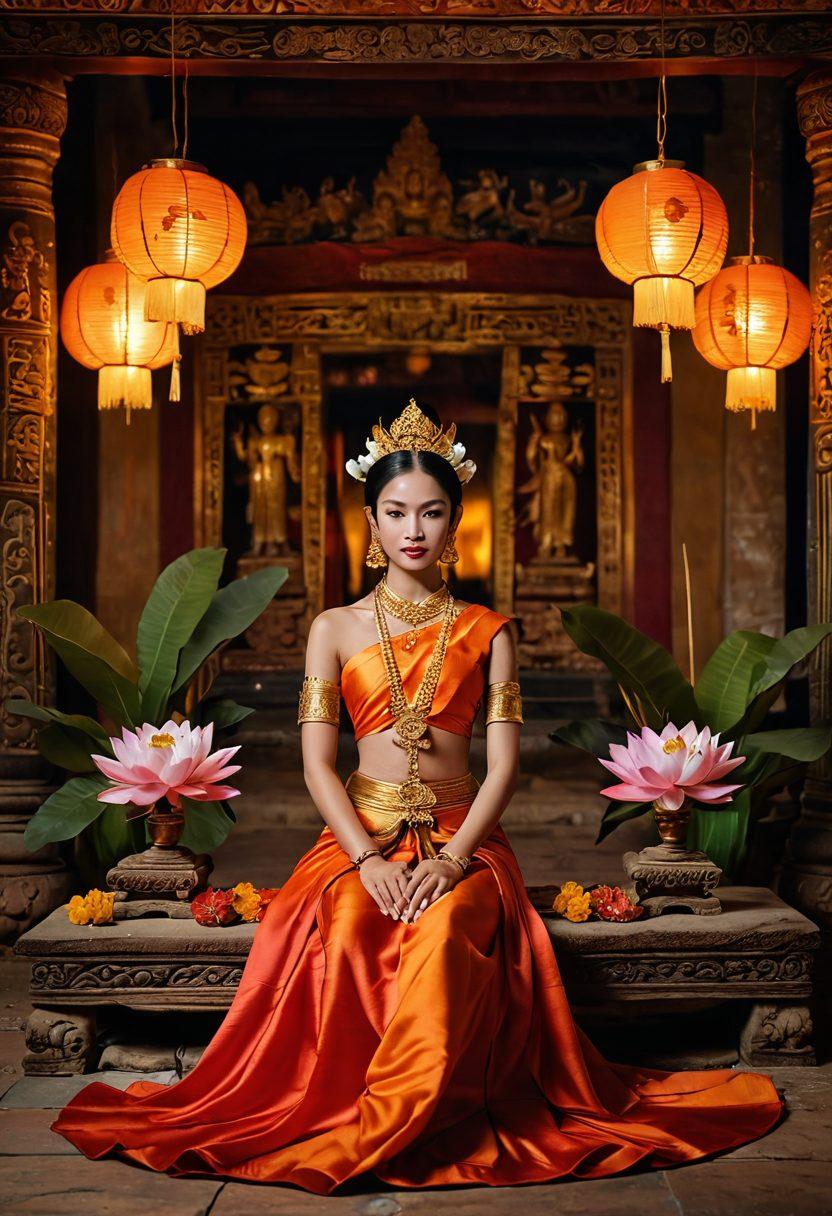 An intricate collage that captures the essence of Khmer culture's intimate arts, featuring traditional dance performances, vibrant silk textiles, and traditional sculptures. Include warm colors to evoke passion and intimacy, with soft lighting that creates a dreamy atmosphere. Incorporate elements like serene lotus flowers and ancient temple ruins in the background to symbolize cultural heritage. super-realistic. warm colors. soft lighting.