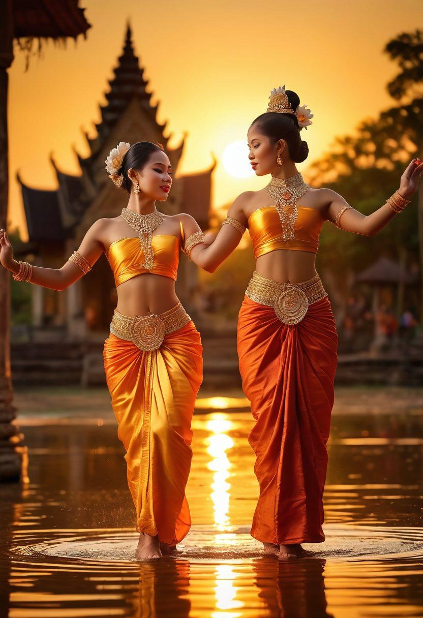 A captivating scene depicting a traditional Khmer dance performance, highlighting the elegance and grace of the dancers in colorful, intricate costumes. Include elements of ancient Khmer architecture in the background, with warm tones of sunset lighting that evoke passion and romance. Add subtle symbols of pleasure and desire, like lotus flowers or gently flowing water. super-realistic. vibrant colors. warm lighting.